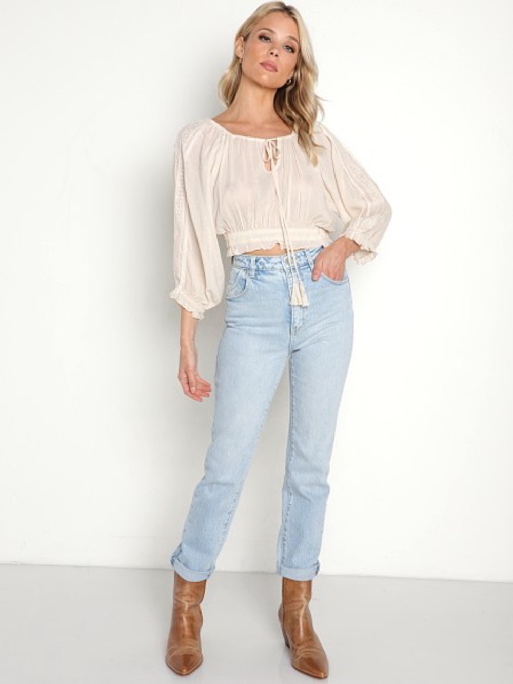 Spell Harmony Cream Lace-Trim Tie-Front Crop Top in Porcelain - Picture 3 of 8